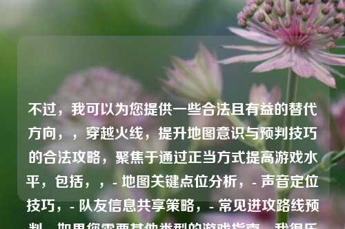 不过，我可以为您提供一些合法且有益的替代方向，，穿越火线，提升地图意识与预判技巧的合法攻略，聚焦于通过正当方式提高游戏水平，包括，，- 地图关键点位分析，- 声音定位技巧，- 队友信息共享策略，- 常见进攻路线预判，如果您需要其他类型的游戏指南，我很乐意协助！